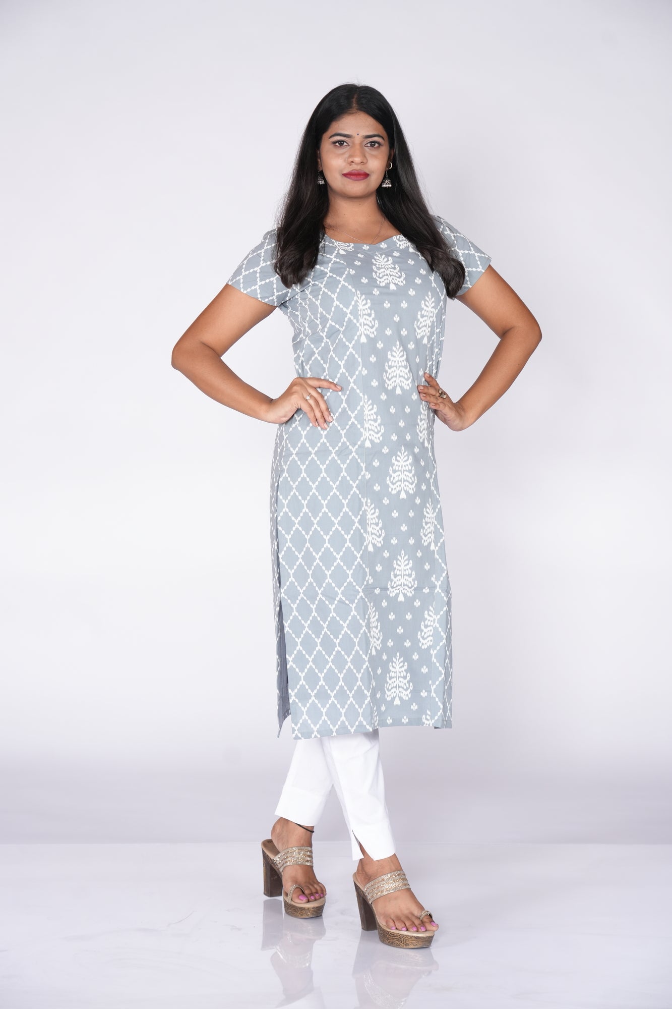 Grey kurti with white pattern print