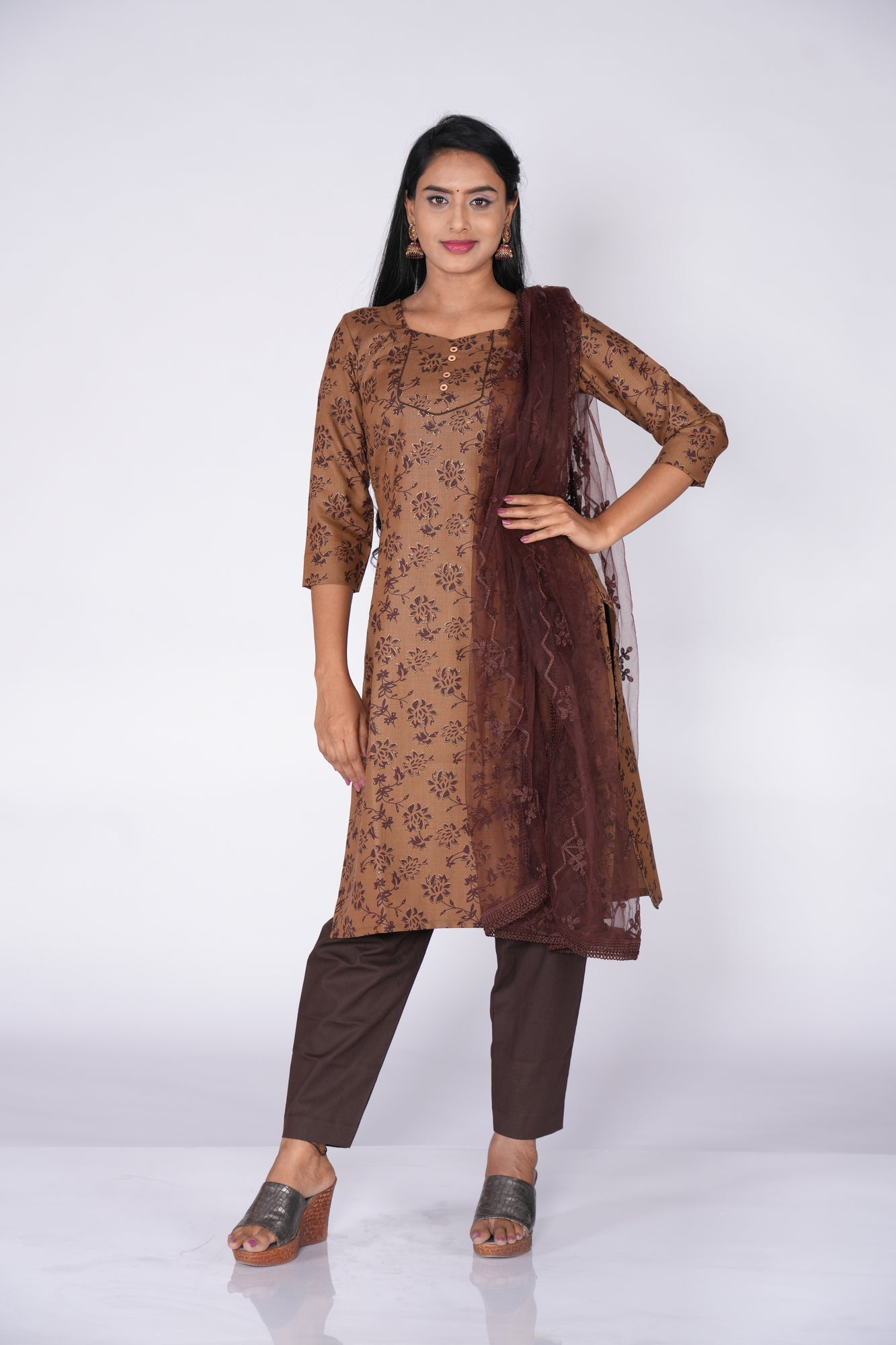 Woodbutton Coffee Cotton Kurti