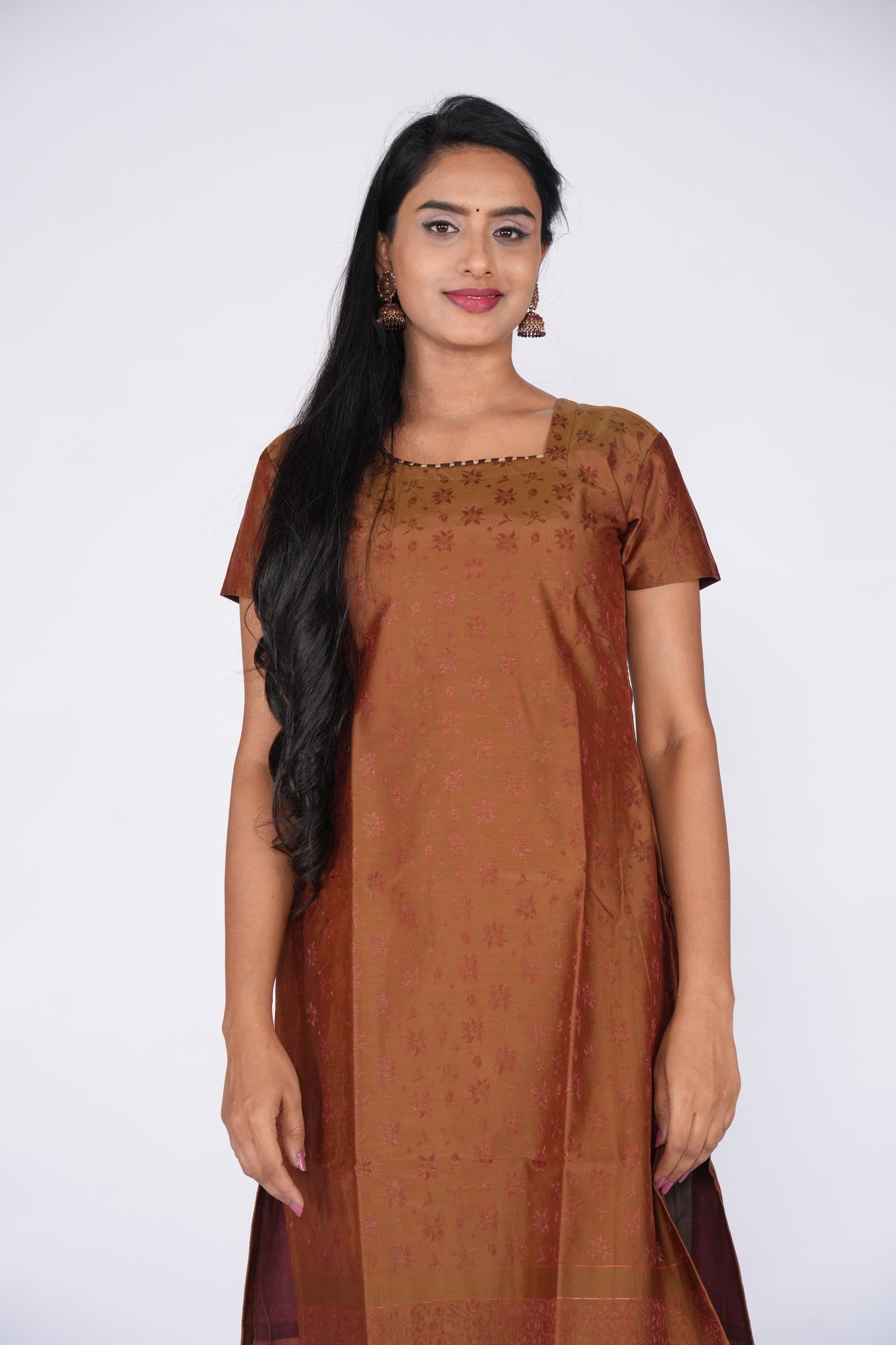 Self Print Kurti - Brown with Asymmetric Neck