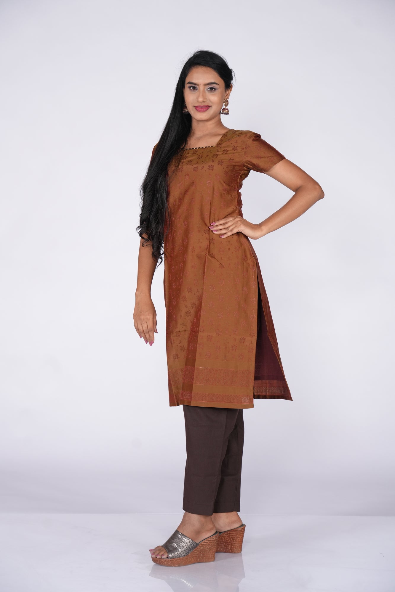 Self Print Kurti - Brown with Asymmetric Neck
