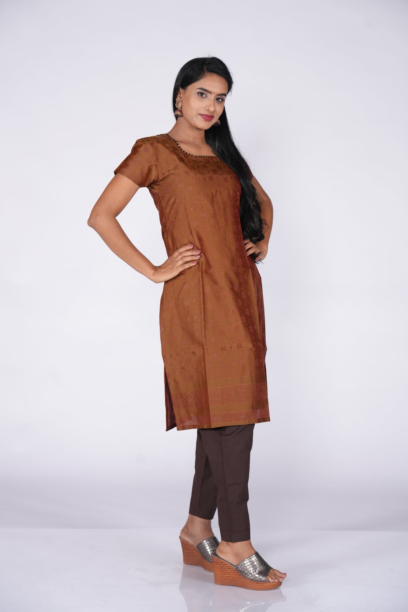 Self Print Kurti - Brown with Asymmetric Neck
