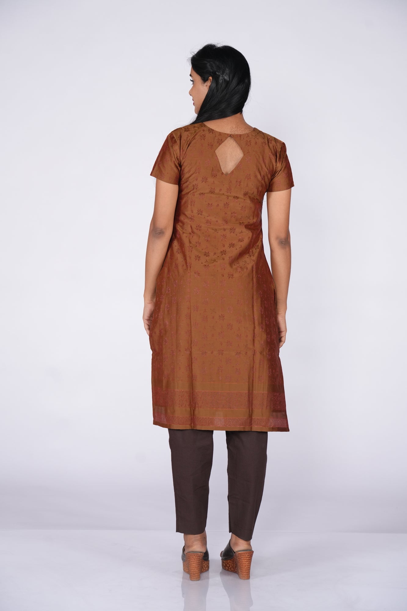 Self Print Kurti - Brown with Asymmetric Neck