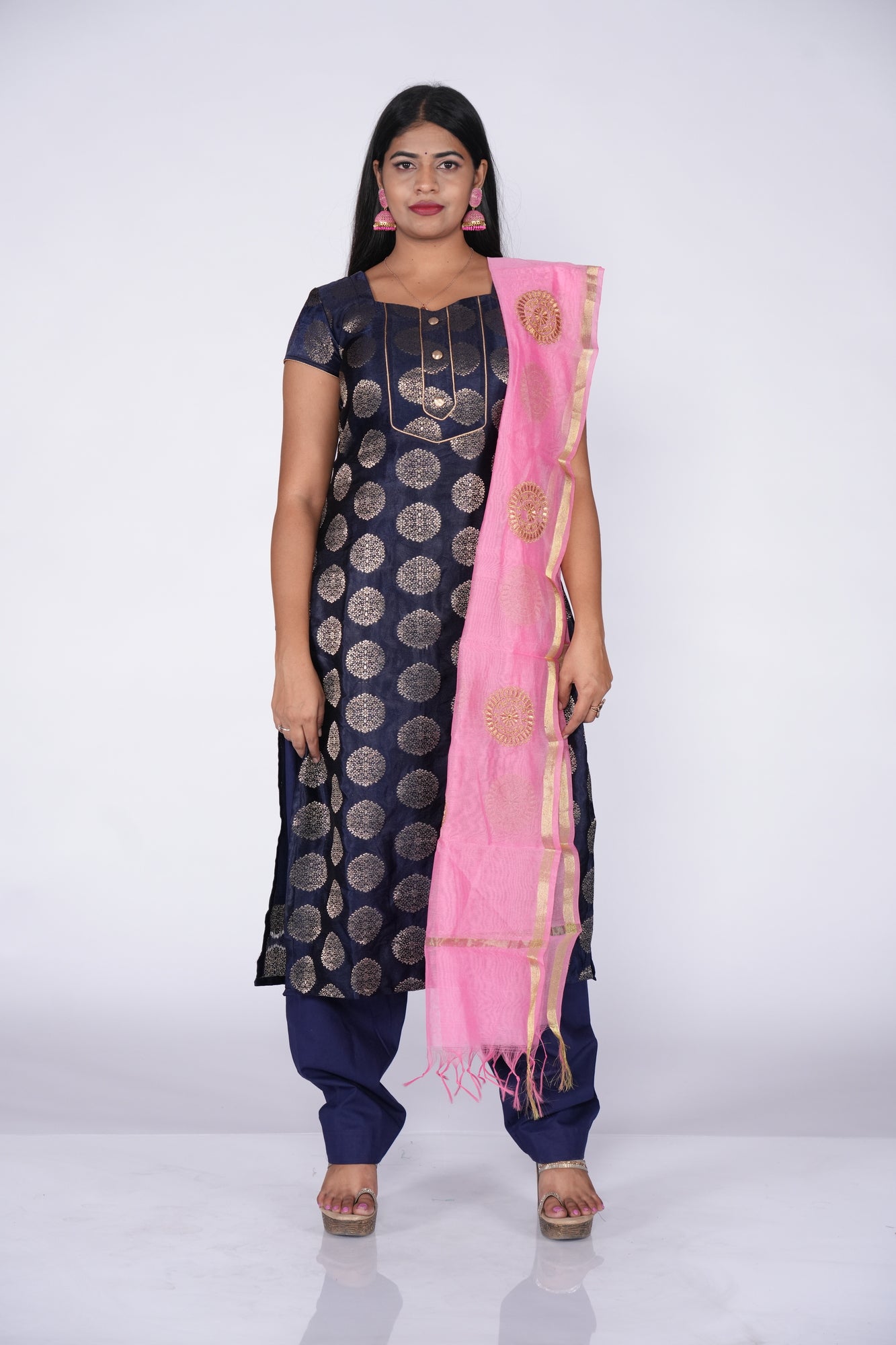 Navyblue Circles printed Banaras Top