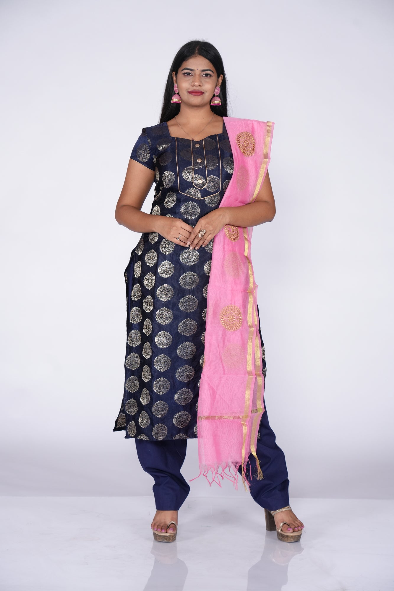 Navyblue Circles printed Banaras Top