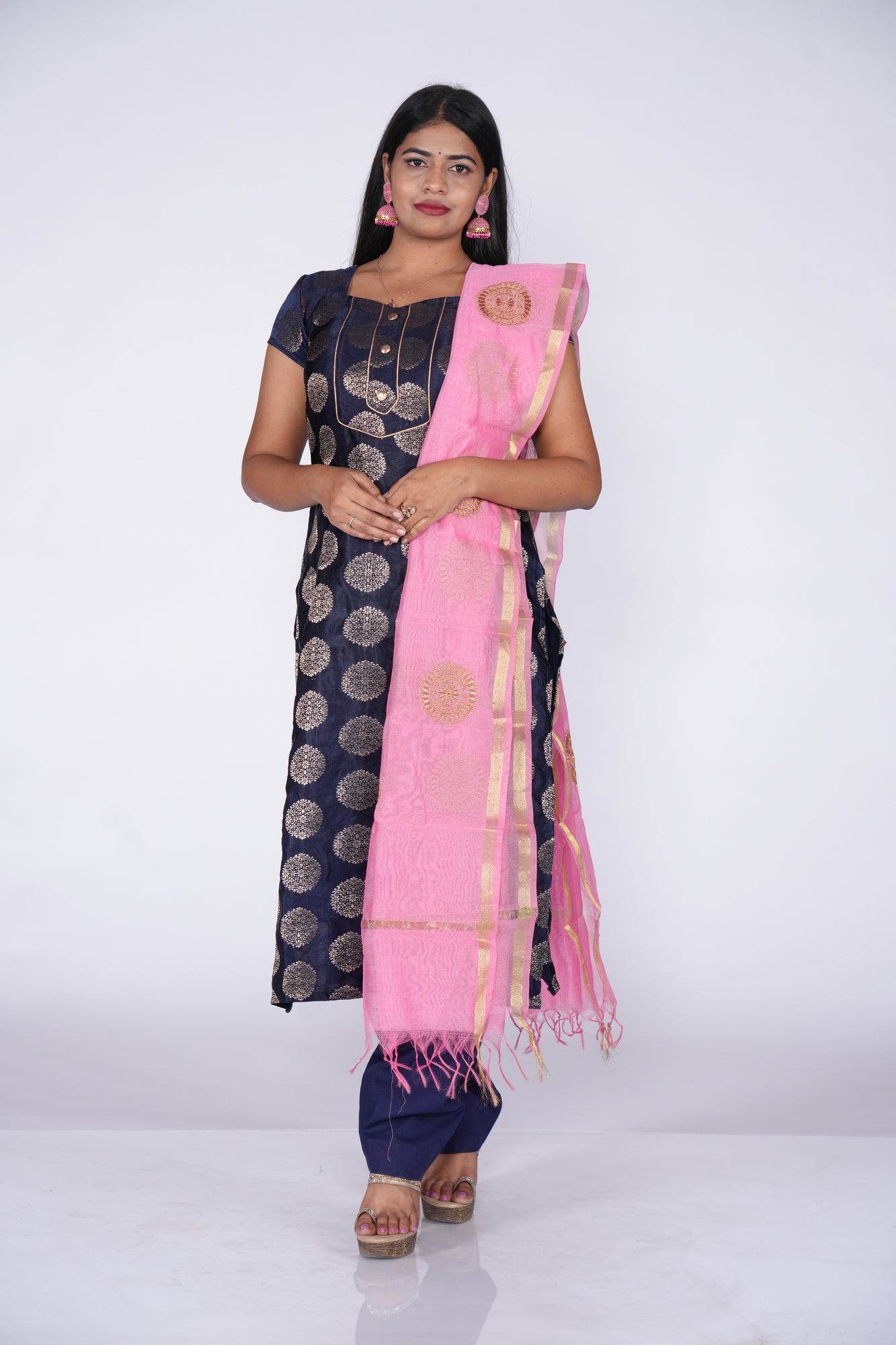 Navyblue Circles printed Banaras Top