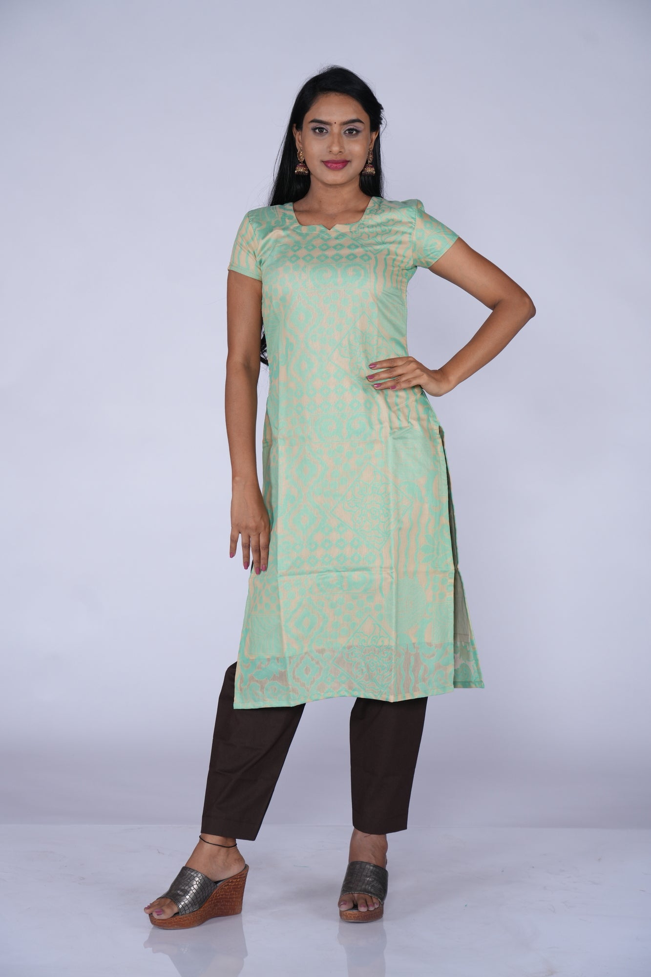 Cream & Green Cotton Top