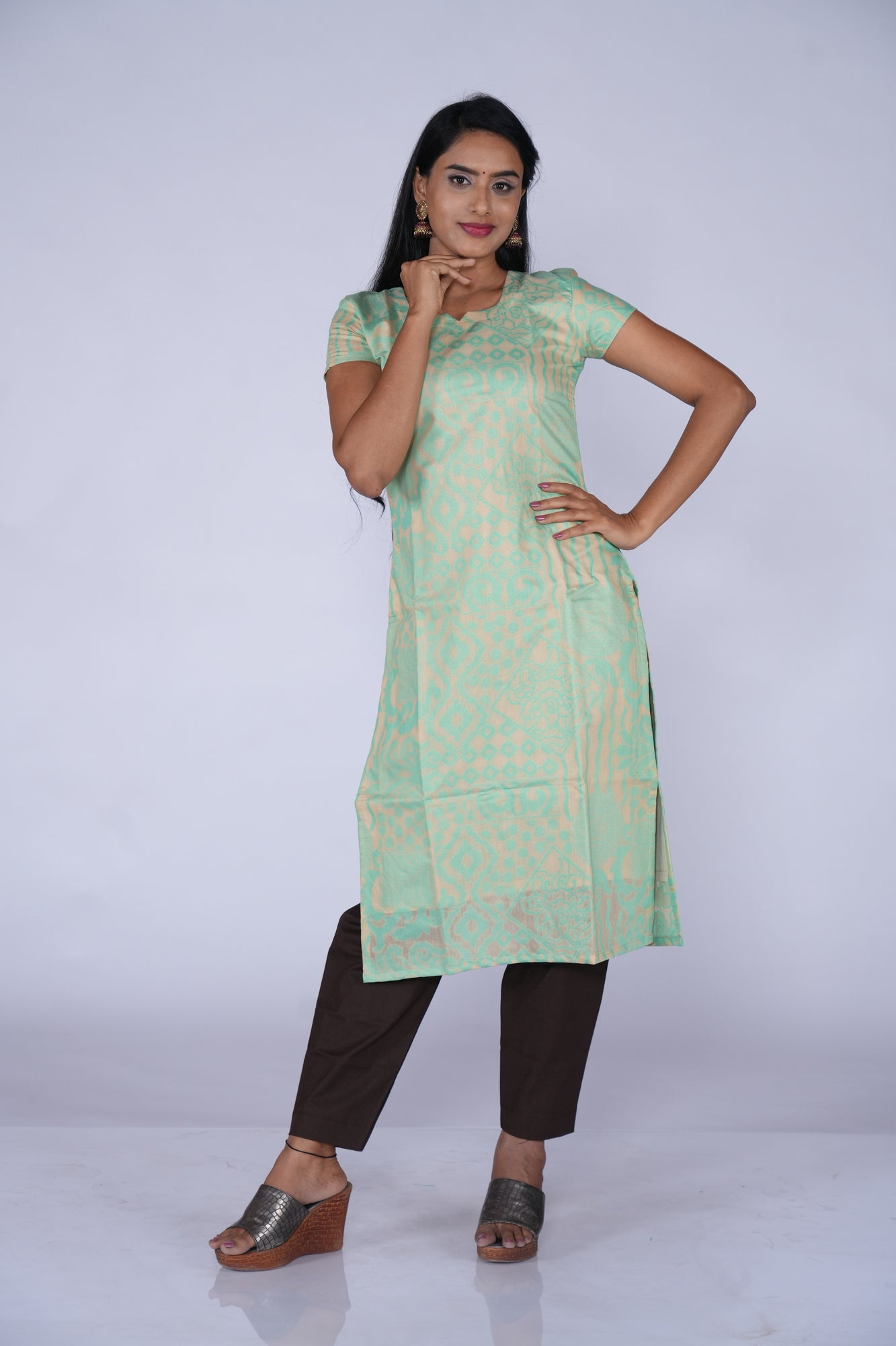 Cream & Green Cotton Top