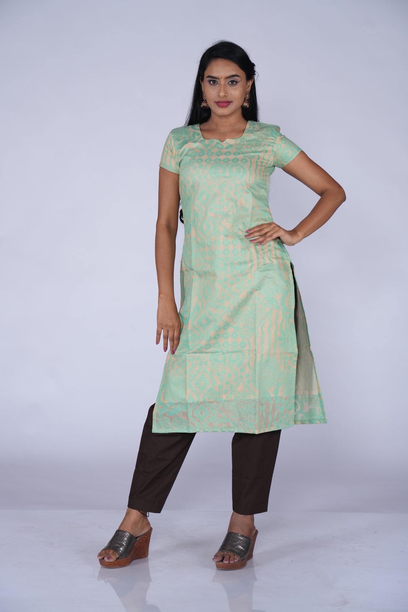 Cream & Green Cotton Top