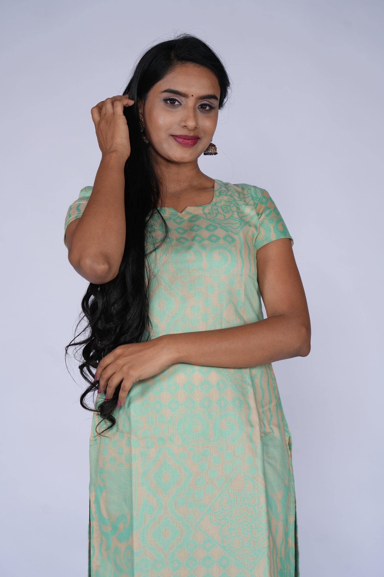 Cream & Green Cotton Top