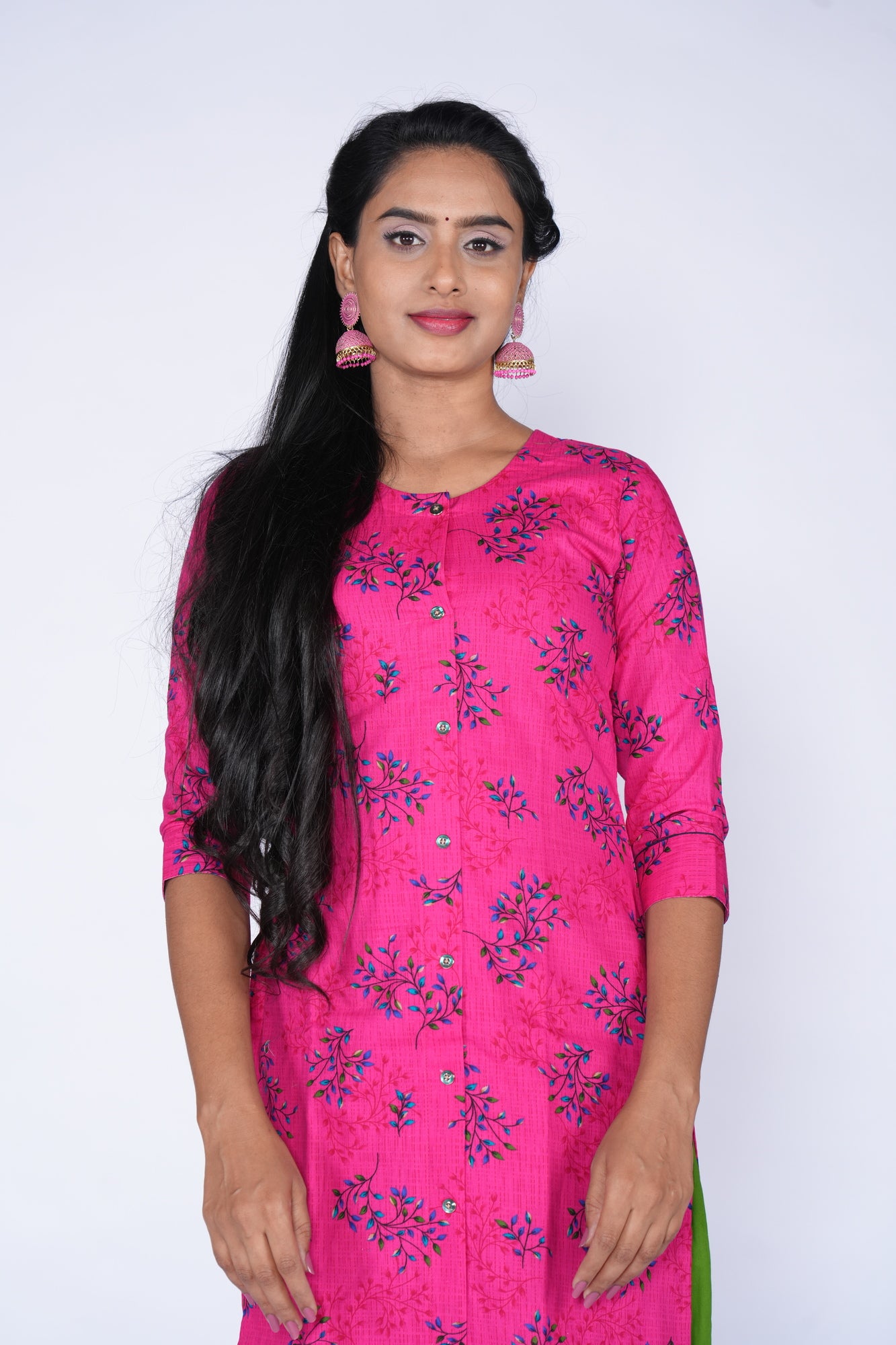 Premium Dark pink with blue floral print kurti