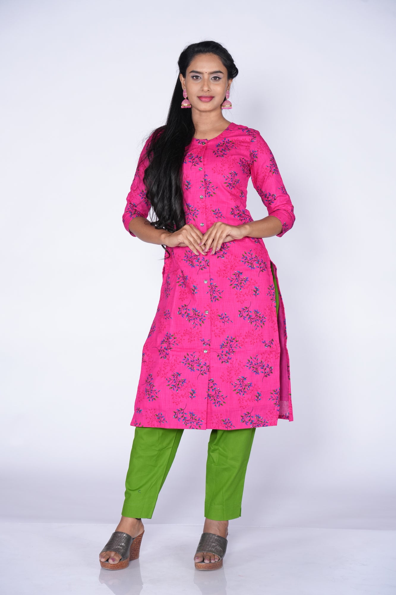 Premium Dark pink with blue floral print kurti