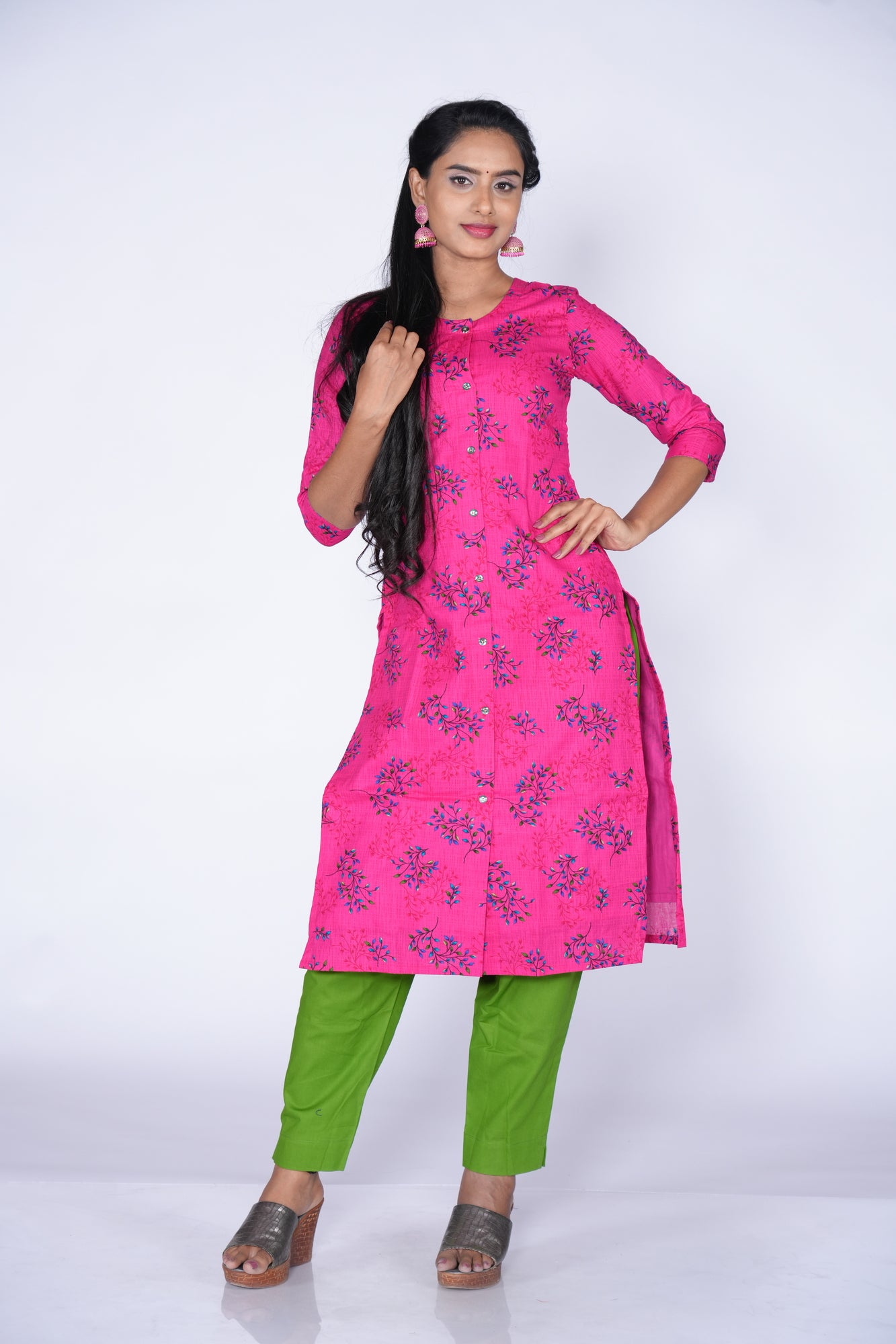 Premium Dark pink with blue floral print kurti