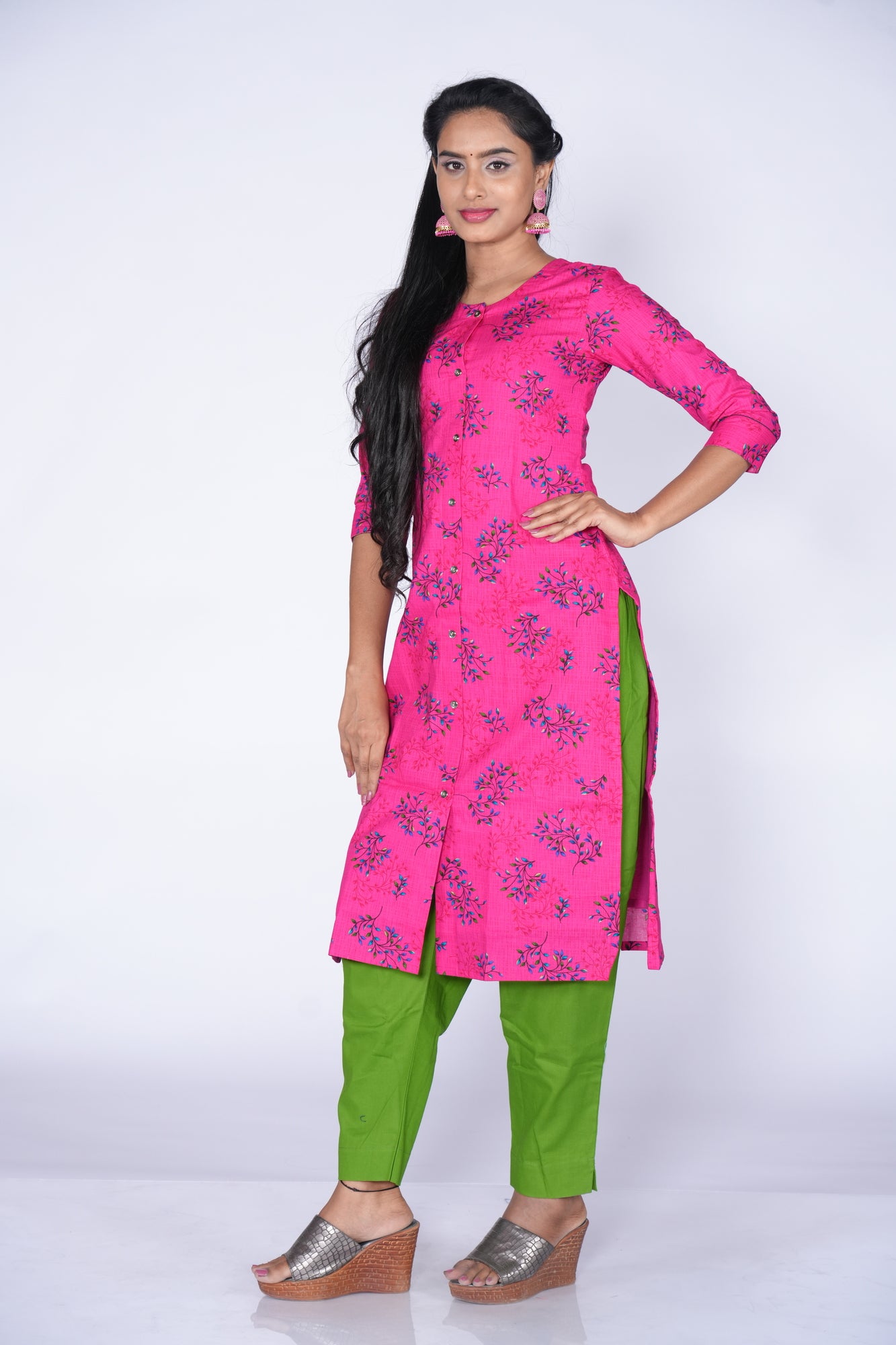 Premium Dark pink with blue floral print kurti
