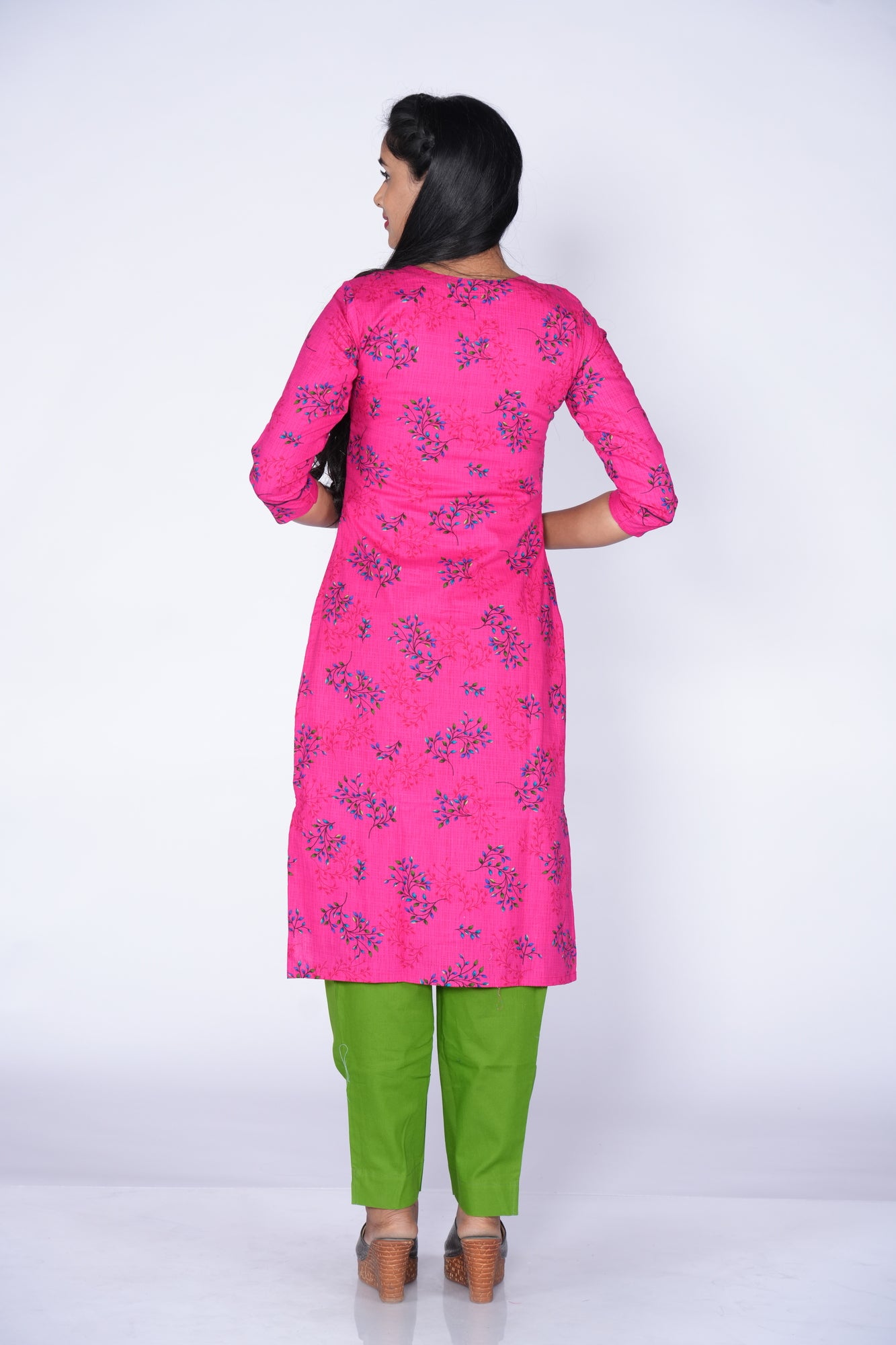 Premium Dark pink with blue floral print kurti