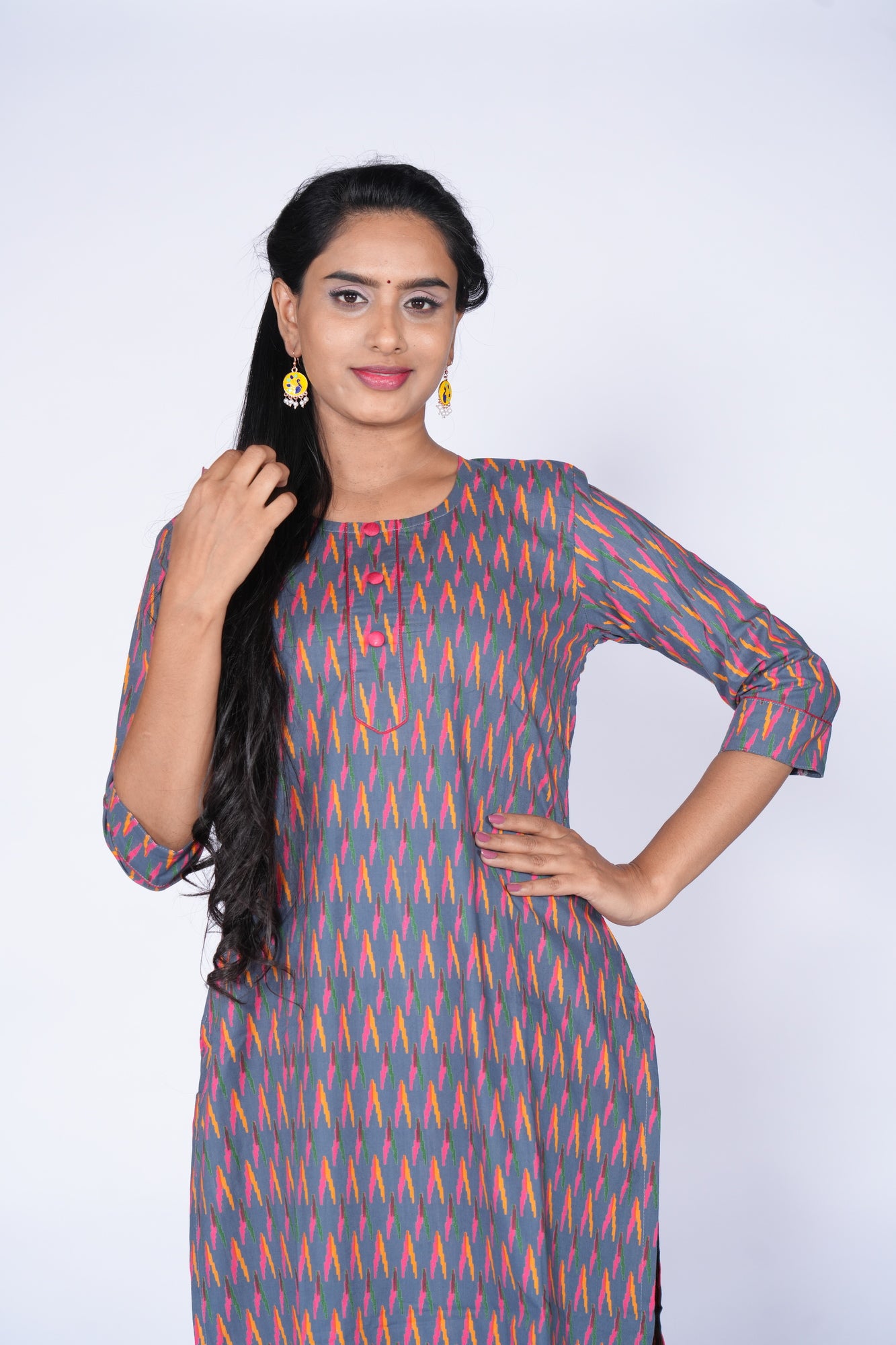 Ikkat prt Grey Peach Cotton Top