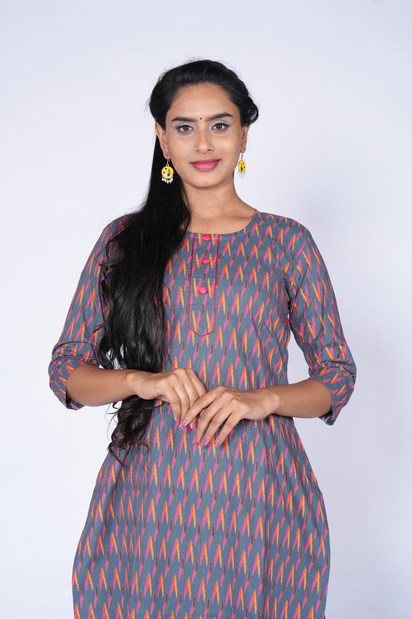 Ikkat prt Grey Peach Cotton Top
