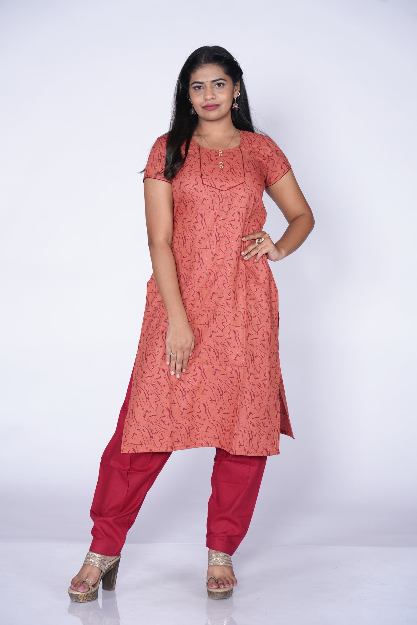 Woodbutton Brick Red Cotton Kurti
