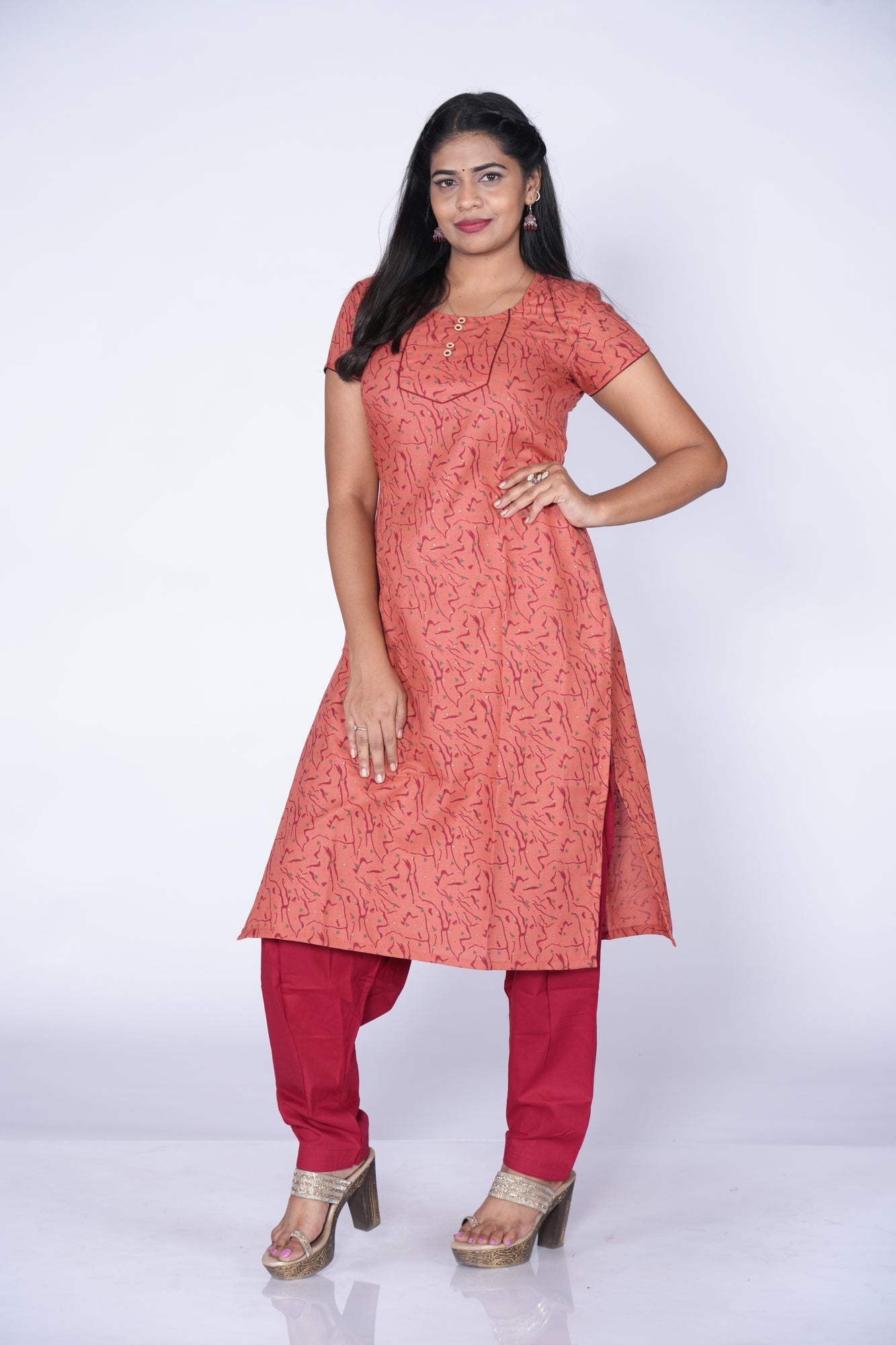 Woodbutton Brick Red Cotton Kurti