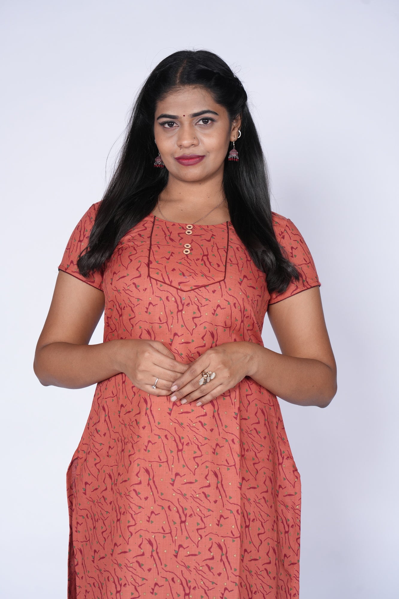 Woodbutton Brick Red Cotton Kurti