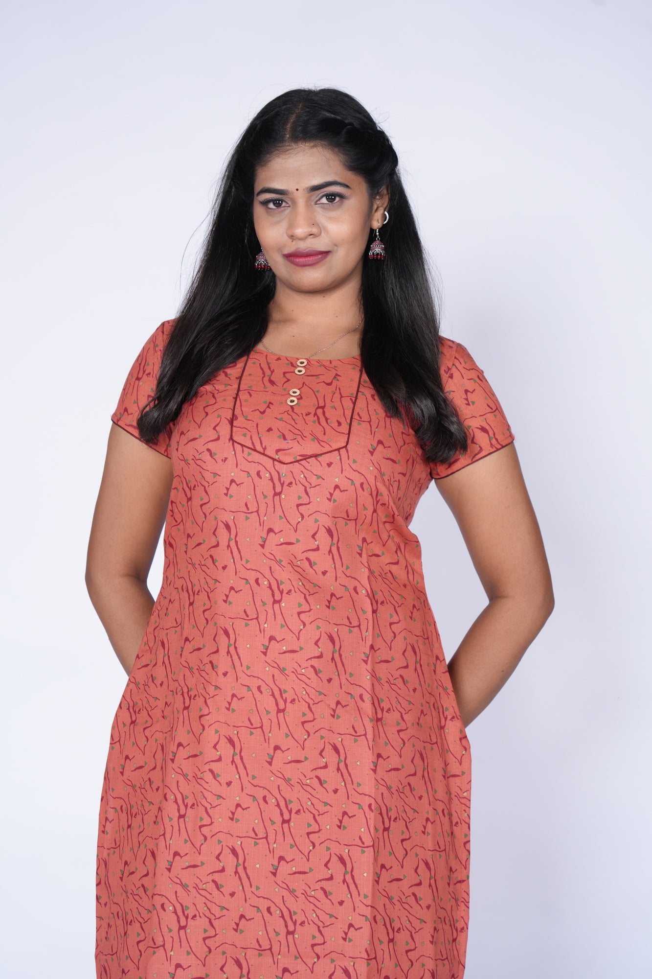 Woodbutton Brick Red Cotton Kurti
