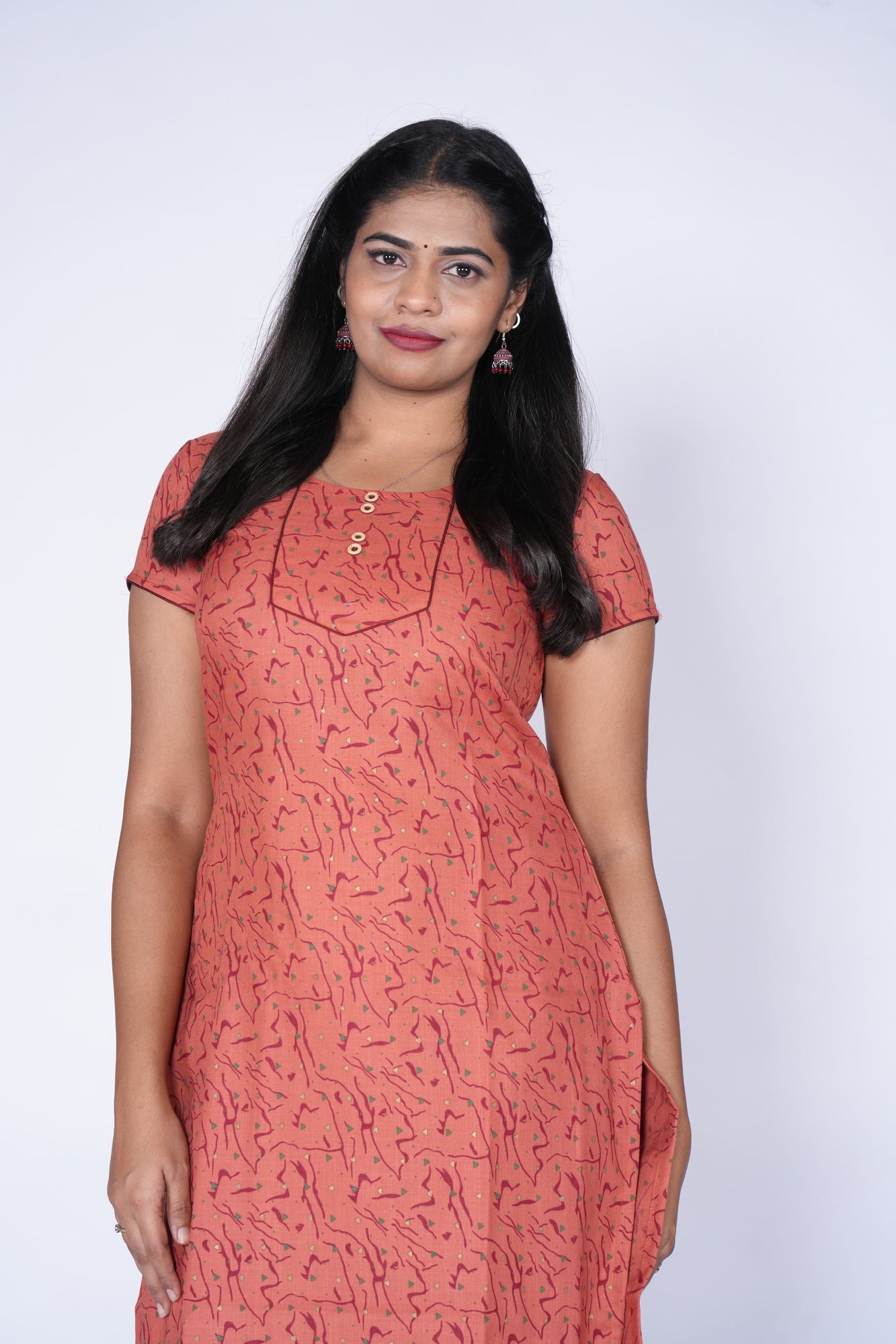 Woodbutton Brick Red Cotton Kurti