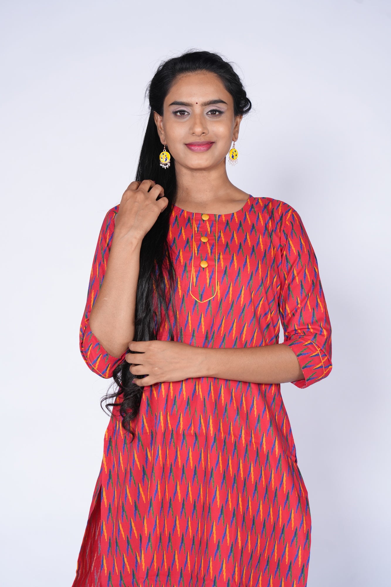 Ikkat prt Red Yellow Cotton Top