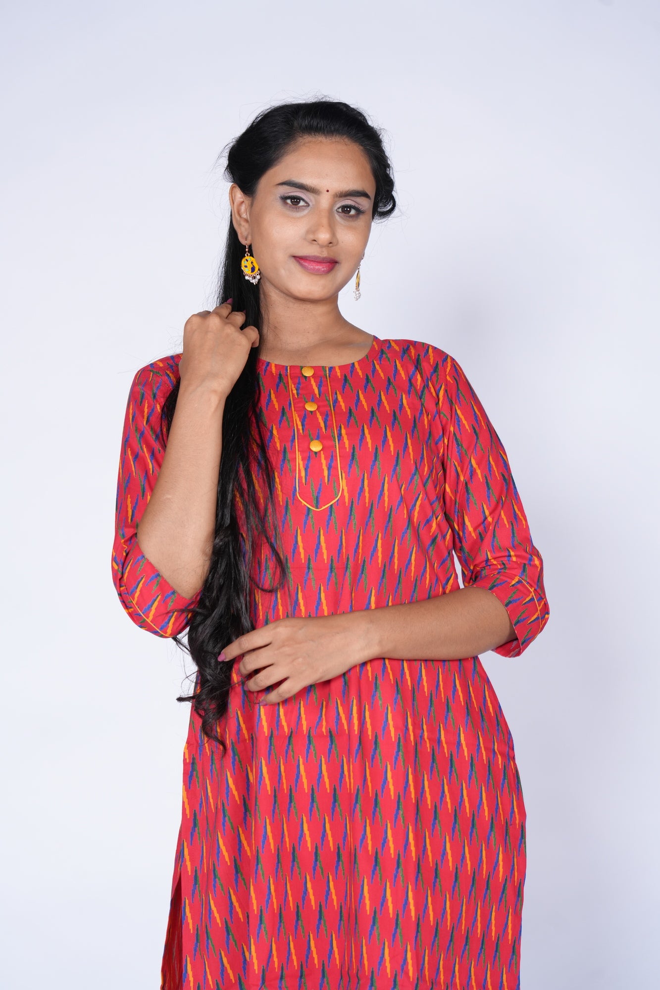 Ikkat prt Red Yellow Cotton Top