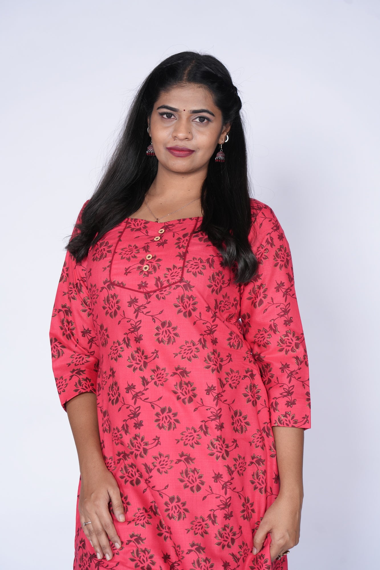 Woodbutton Red Cotton Kurti