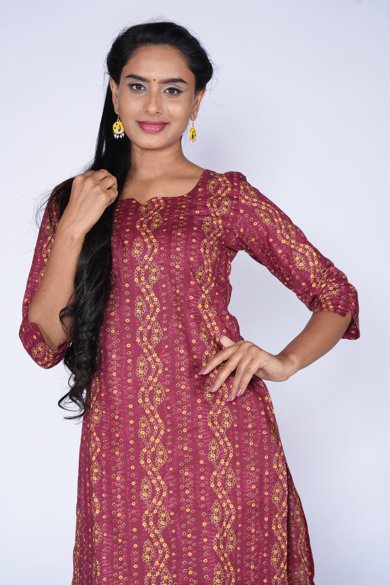 Maroon & Yellow Fusion Cotton Kurti