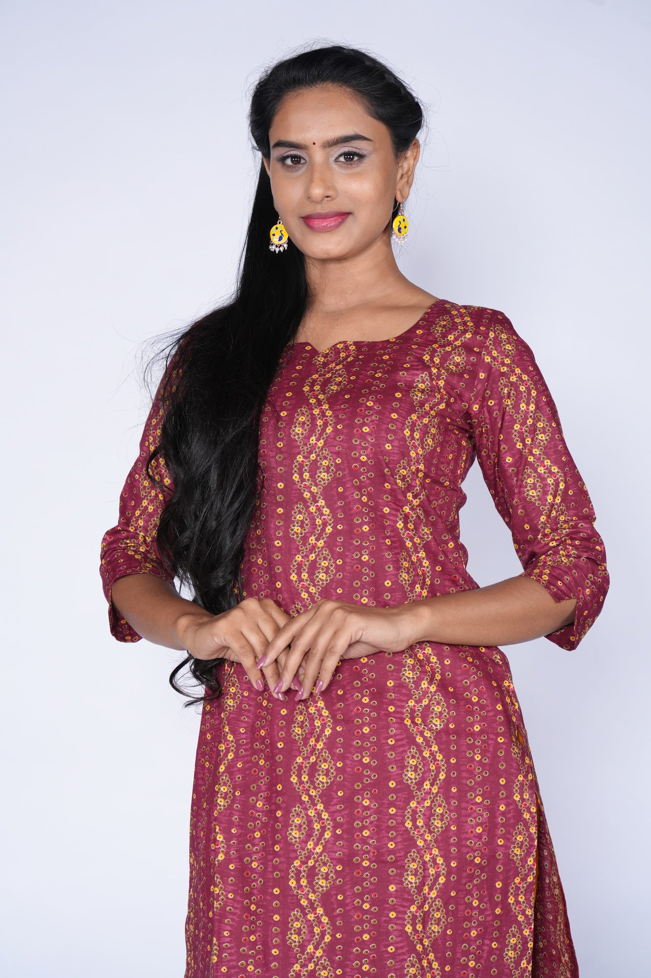 Maroon & Yellow Fusion Cotton Kurti
