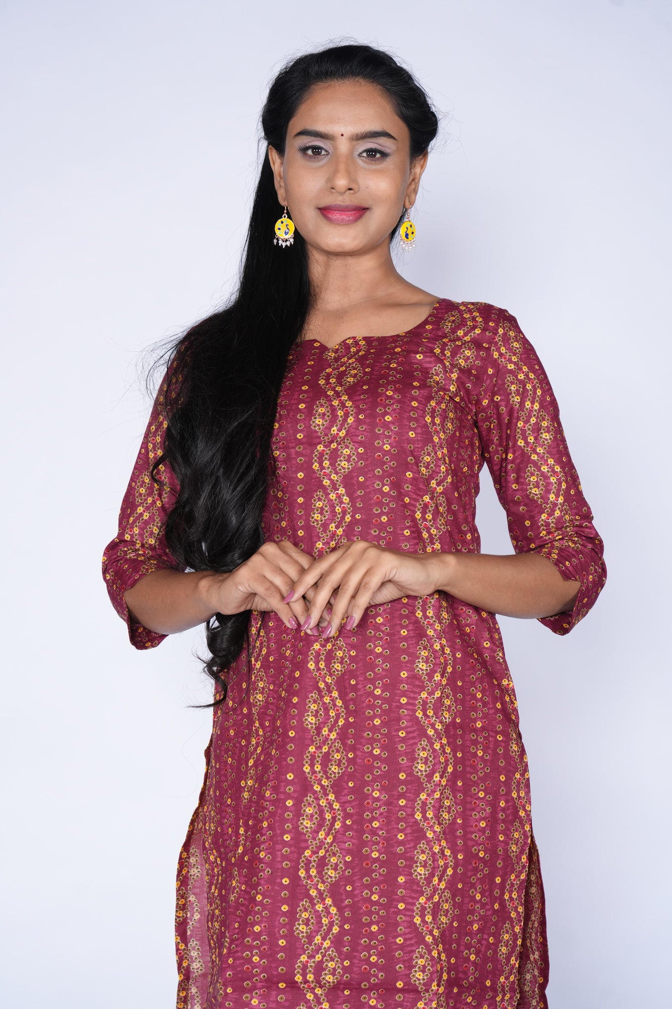 Maroon & Yellow Fusion Cotton Kurti