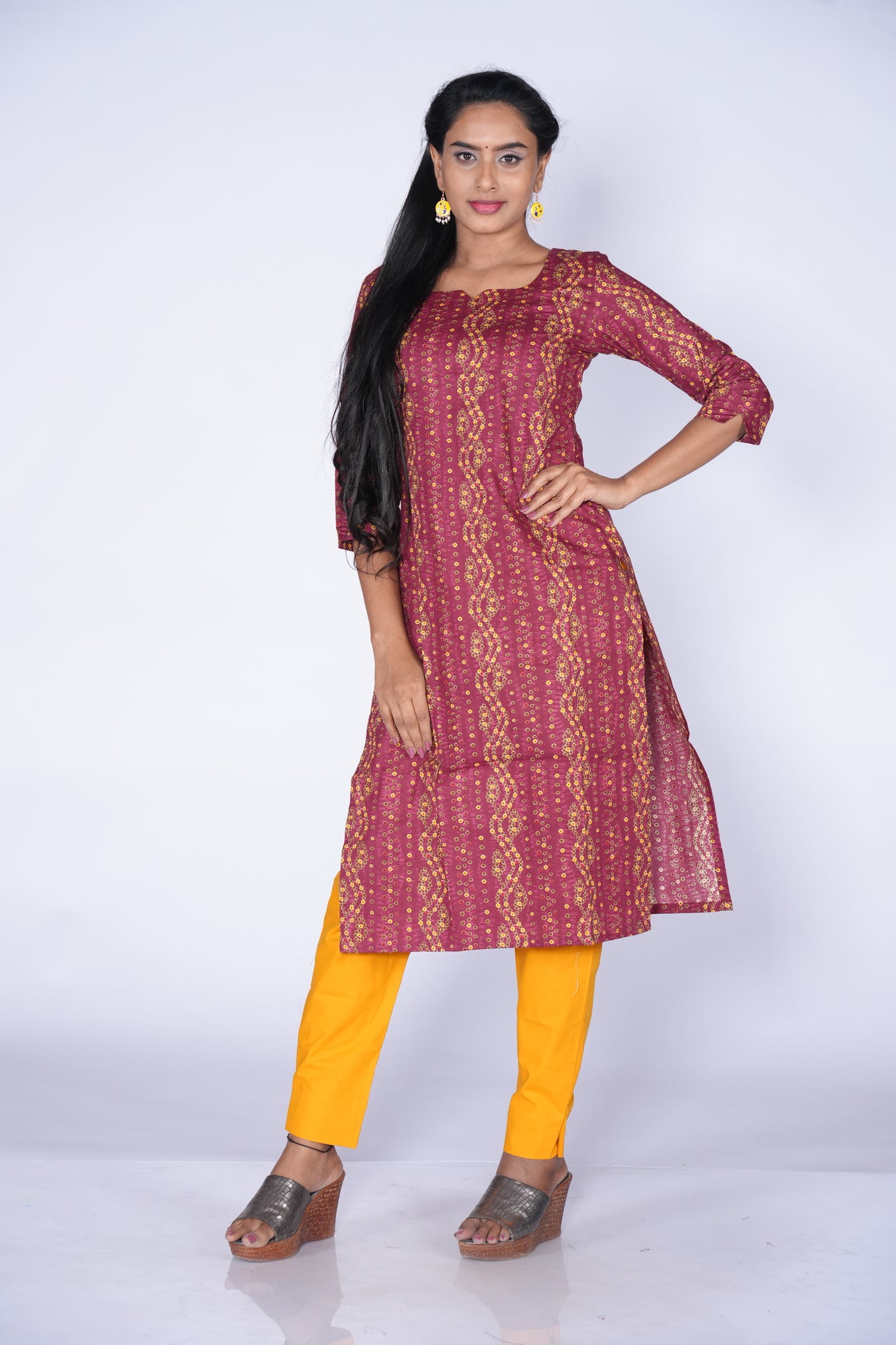 Maroon & Yellow Fusion Cotton Kurti