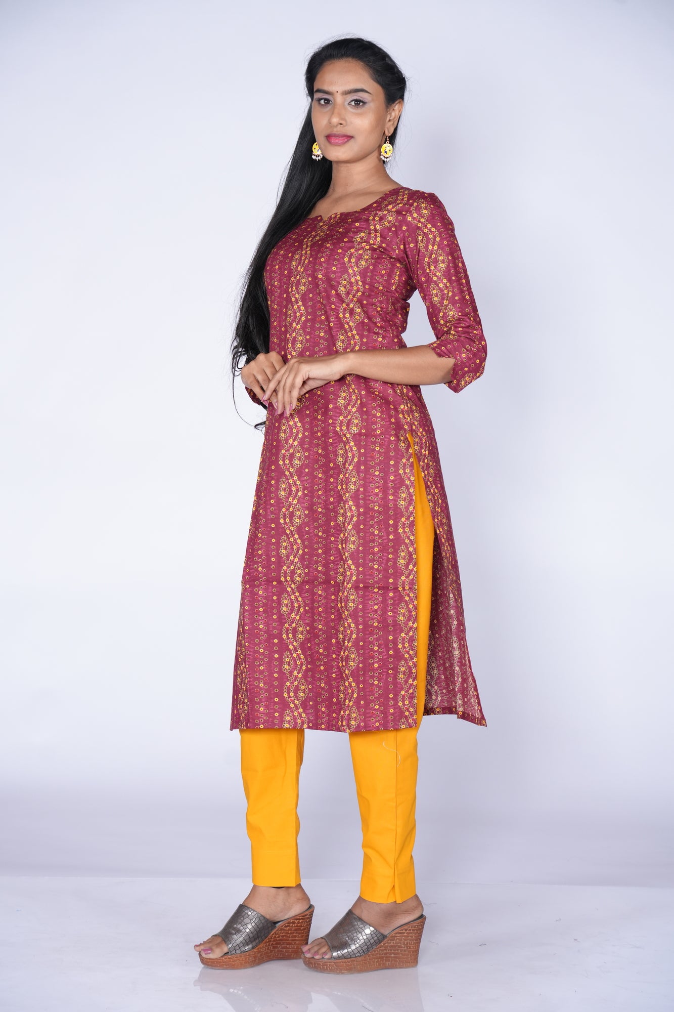 Maroon & Yellow Fusion Cotton Kurti