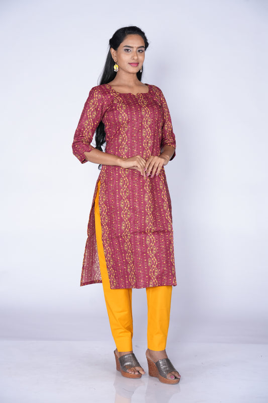 Maroon & Yellow Fusion Cotton Kurti