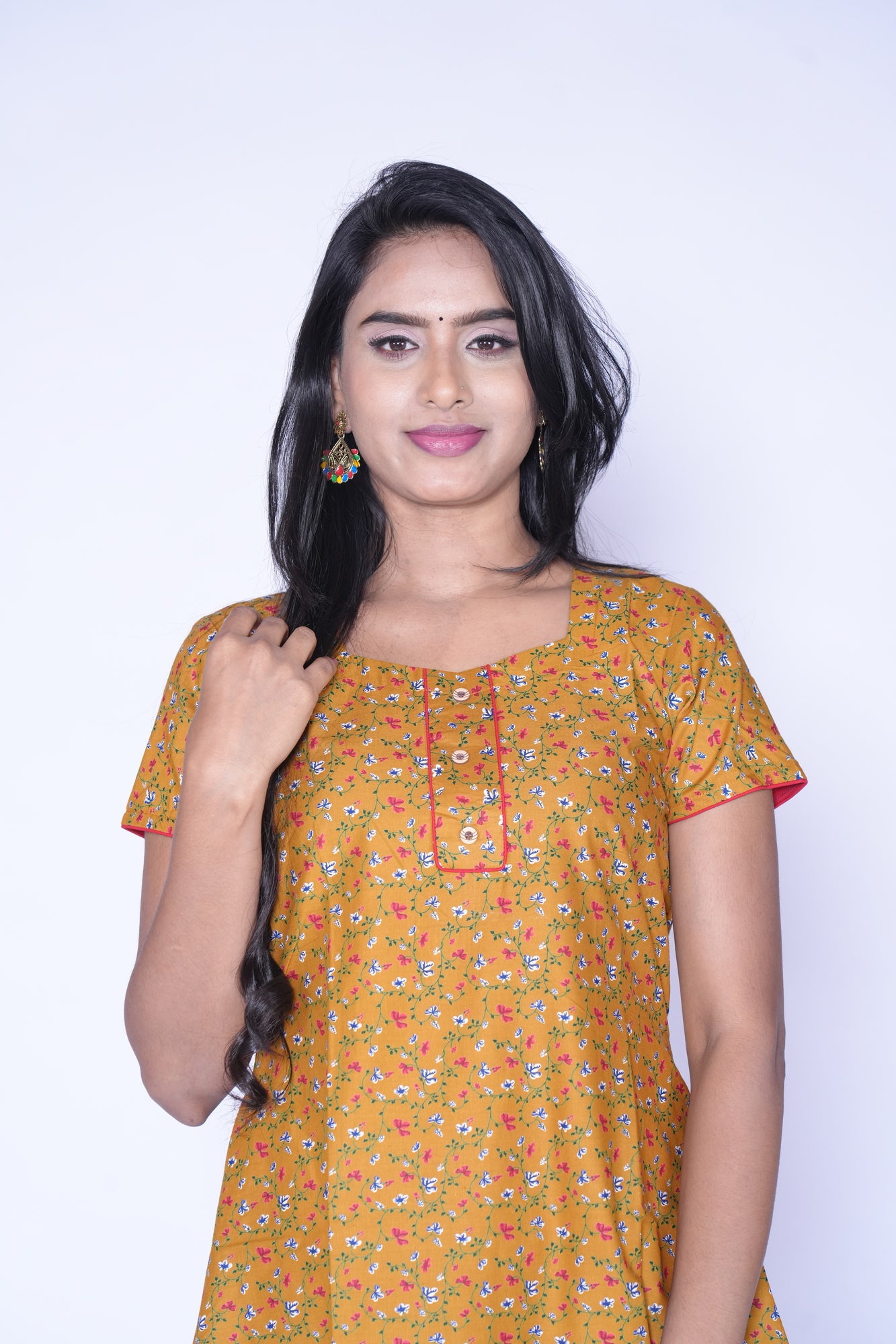 Yellow little floral print Cotton Kurti