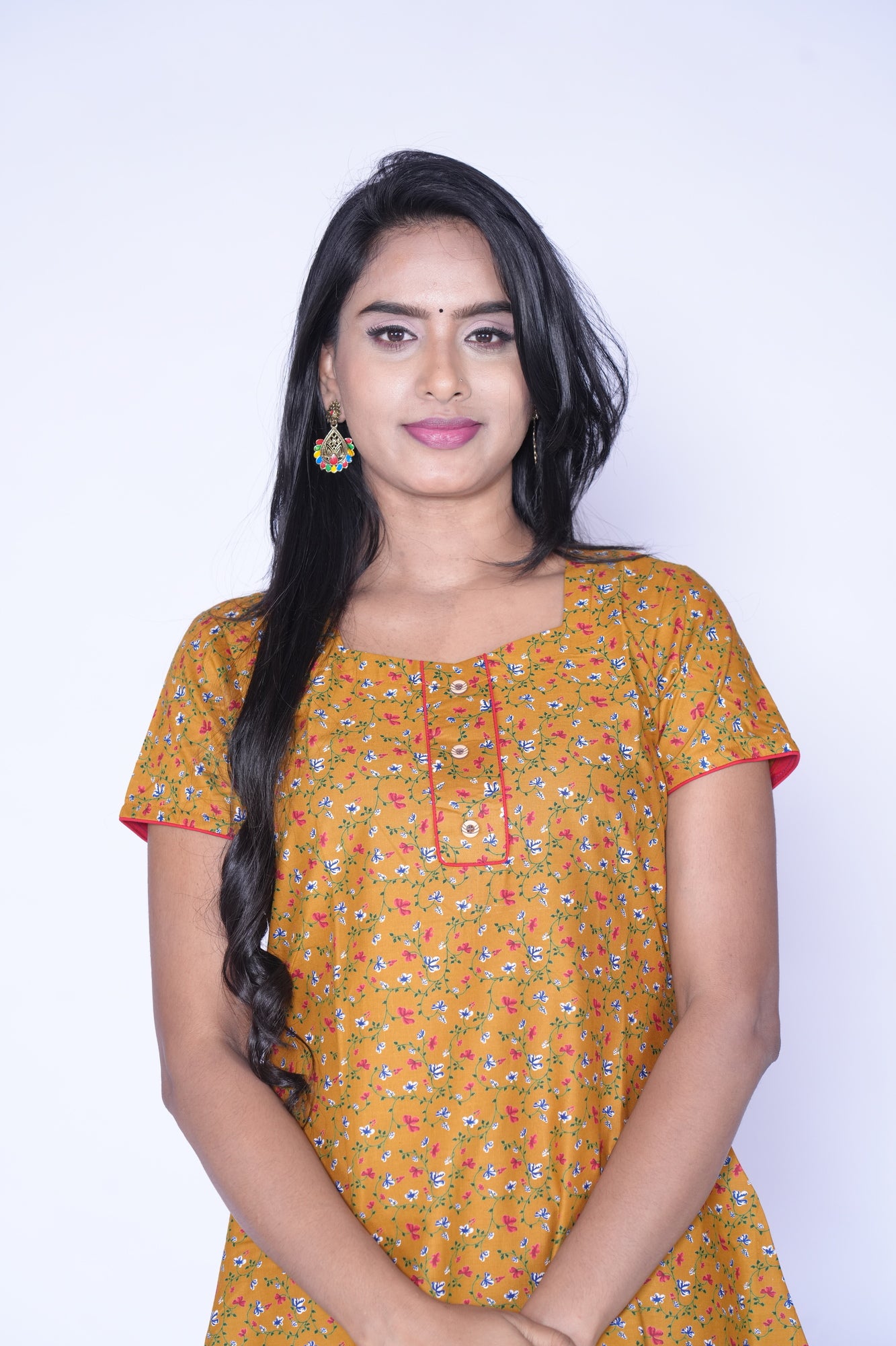 Yellow little floral print Cotton Kurti