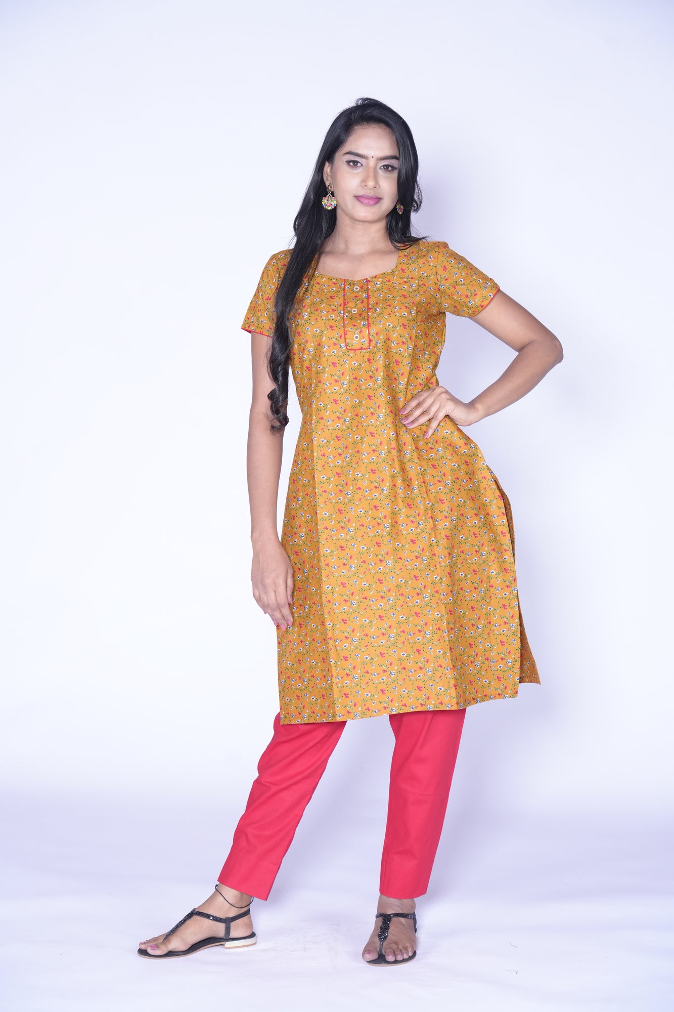 Yellow little floral print Cotton Kurti