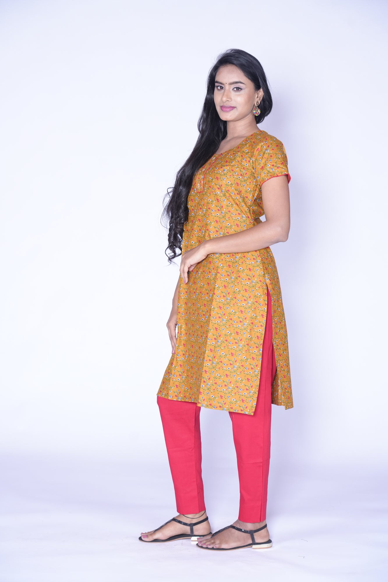 Yellow little floral print Cotton Kurti