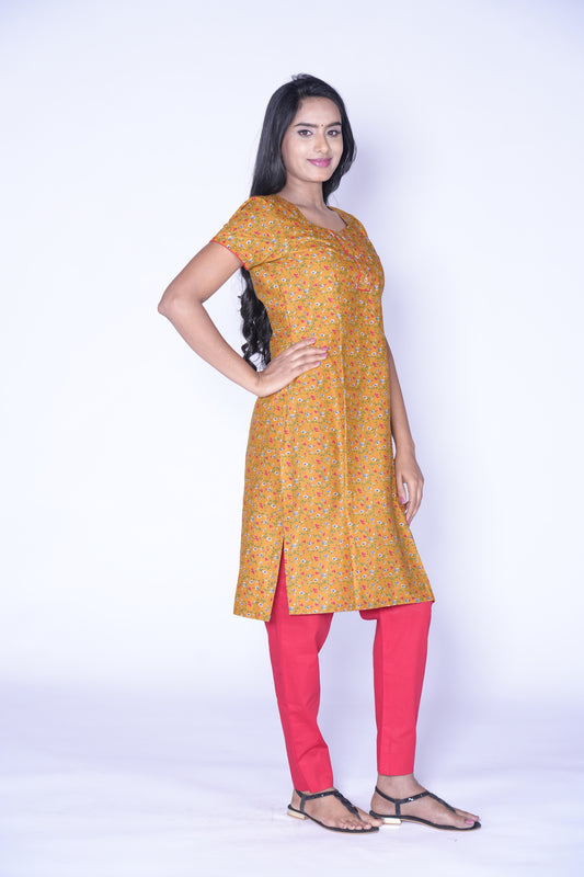 Yellow little floral print Cotton Kurti