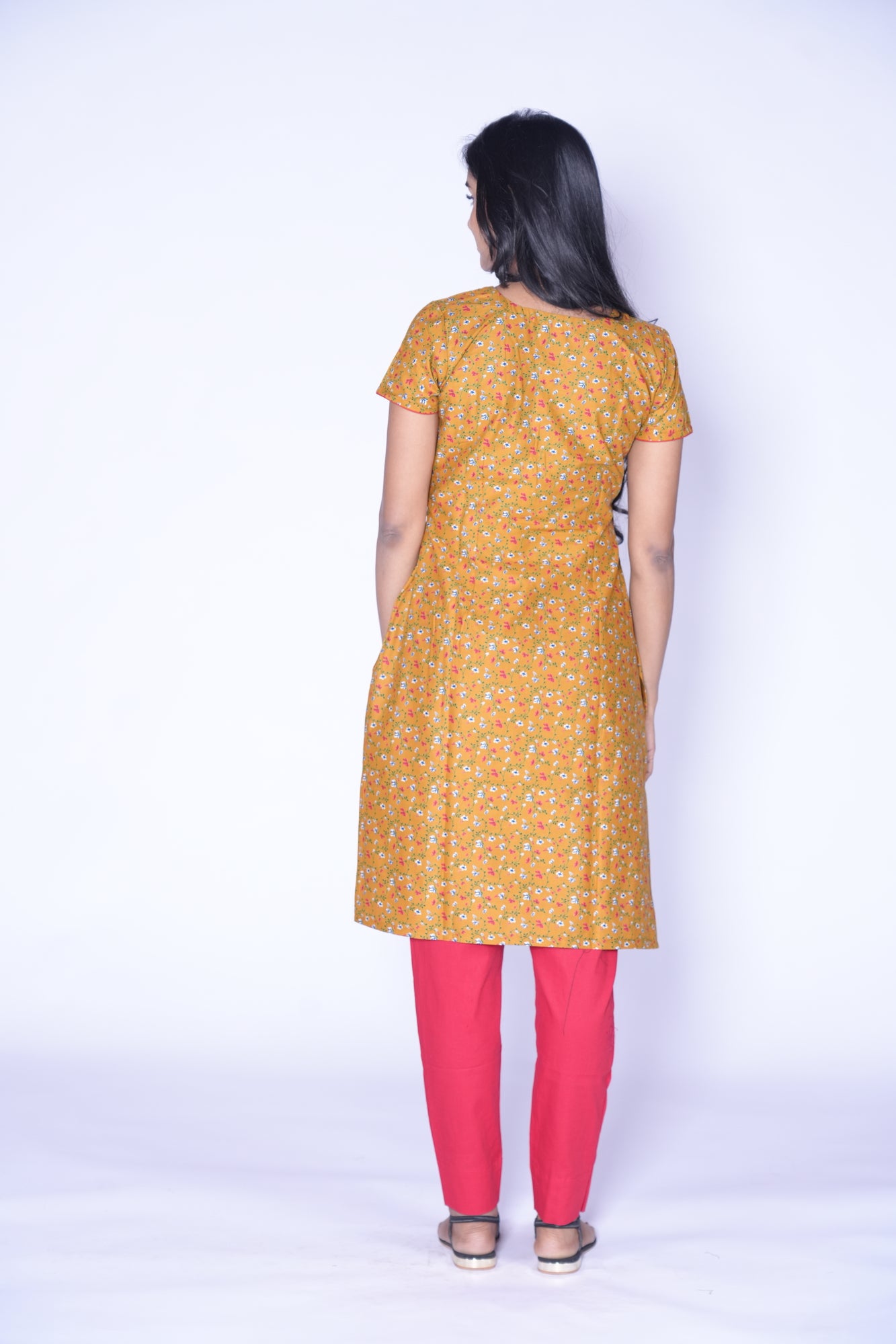 Yellow little floral print Cotton Kurti