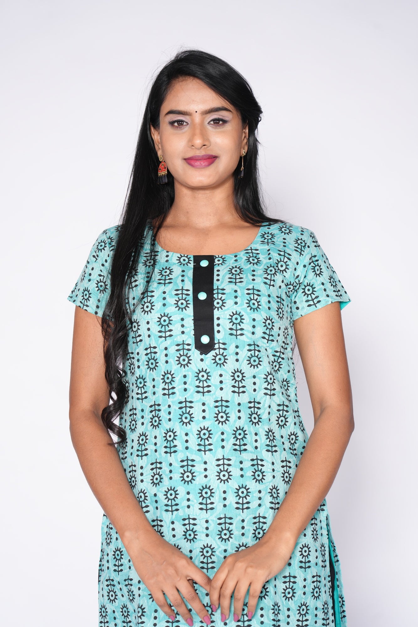Seagreen with Black Geometric Printed Kurti