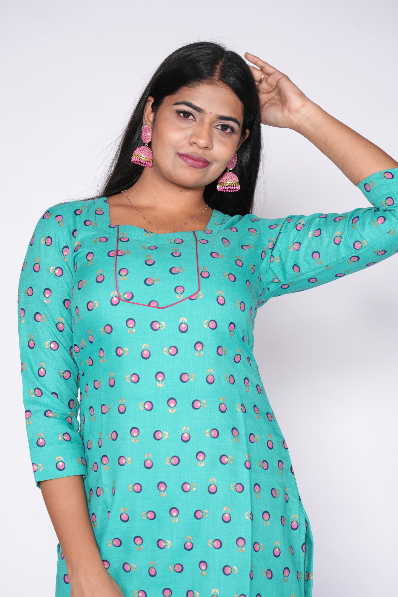 Sea Green with pink print Cotton Kurti
