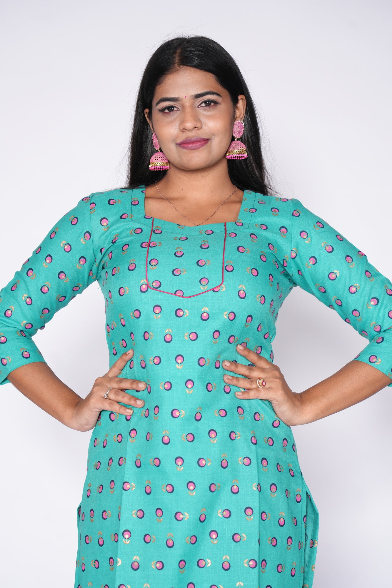 Sea Green with pink print Cotton Kurti