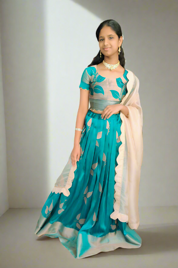 Chanderi Green Lehenga with Tan Colour Dupatta