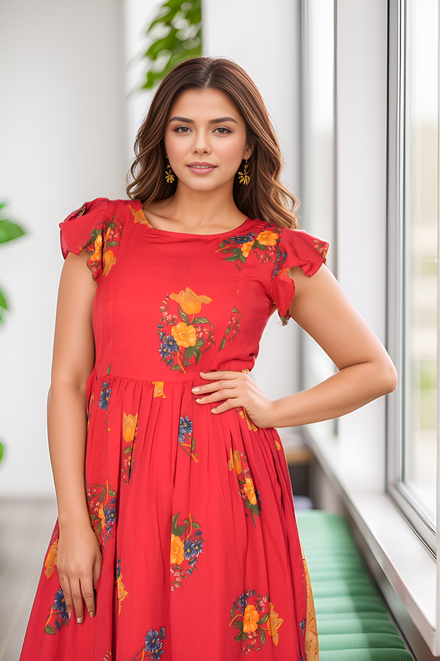 Red Color Floral Frill Frock