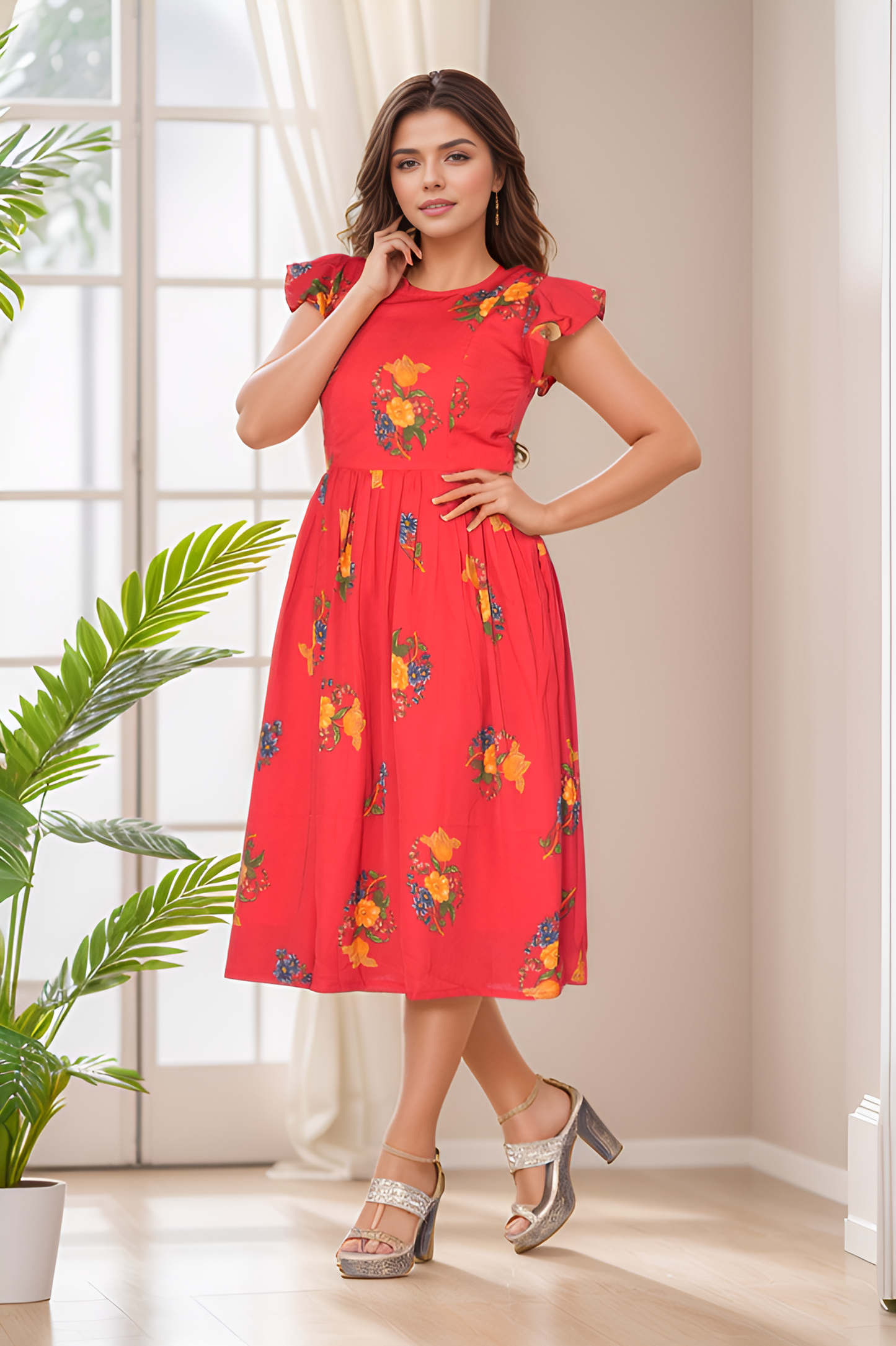 Red Color Floral Frill Frock