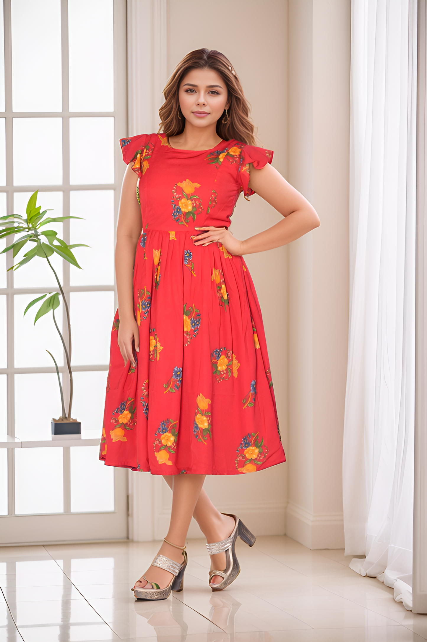 Red Color Floral Frill Frock