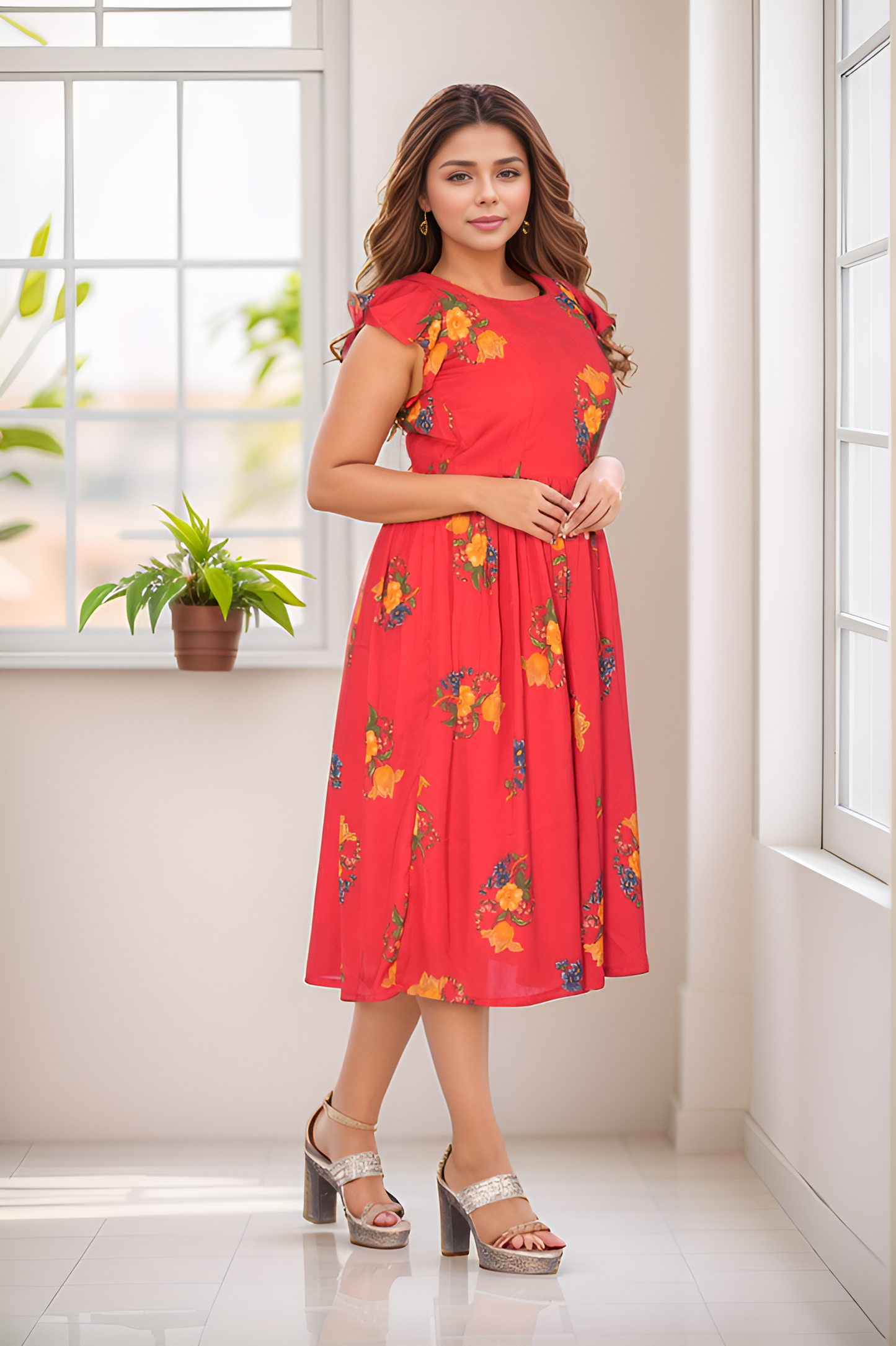 Red Color Floral Frill Frock