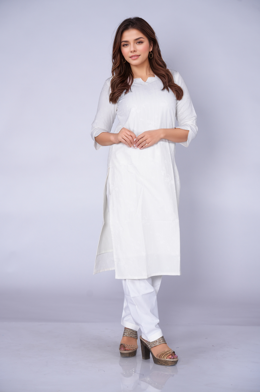 White Self printed Cotton Kurti