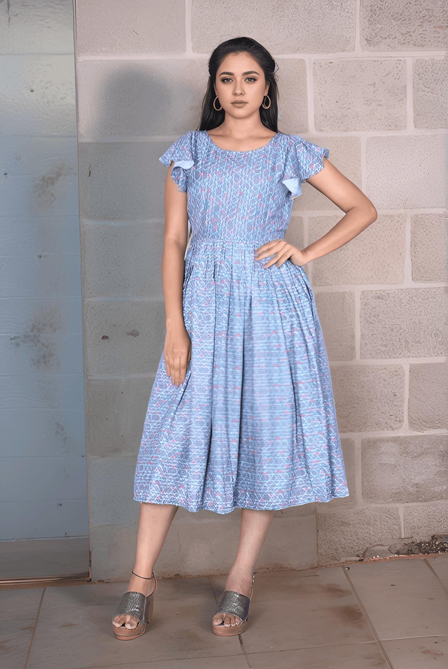 Ice Blue Color Rayon Cotton Frock